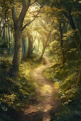 An enchanted forest path winding through towering trees, with sunlight filtering through the lush canopy and casting enchanting shadows on the forest floor