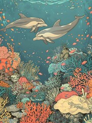 Naklejka premium Dolphin in the water illustration, Beautiful, summer vibe, beach, ocean, sea, fish, background