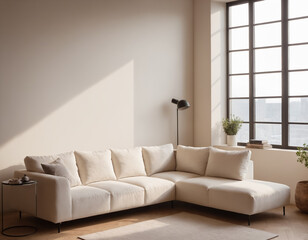 Modern White Sectional Sofa in Sunlit Living Room with Large Windows