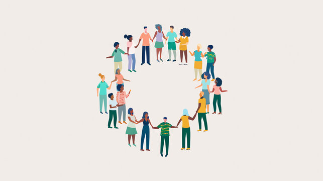 Illustration of a diverse group of employees forming a circle and holding hands, symbolizing unity and workplace inclusivity