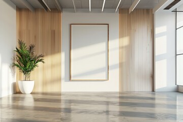 Interior of empty office hall with white and wooden walls, concrete floor, horizontal mock up poster frame and potted plant. Concept of advertising. 3d rendering 