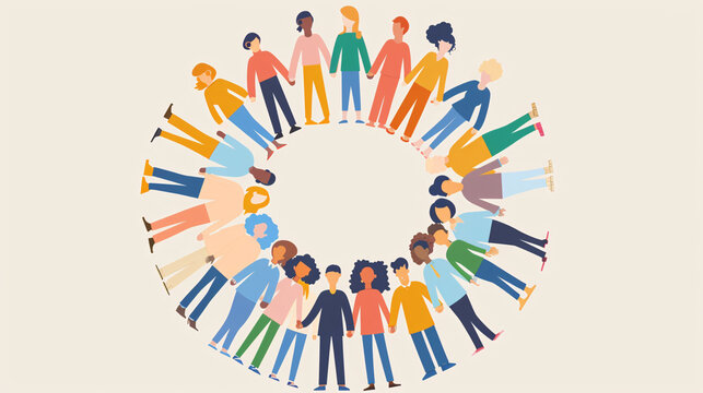 Illustration of a diverse group of employees forming a circle and holding hands, symbolizing unity and workplace inclusivity