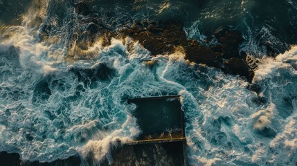 Stormy morning aerial image of North Curl Curl ocean rock pool during early morning light.