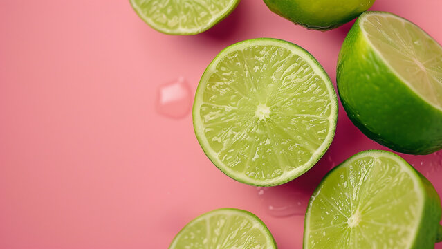Lime lemon slice on somon color background 4K, generative ai