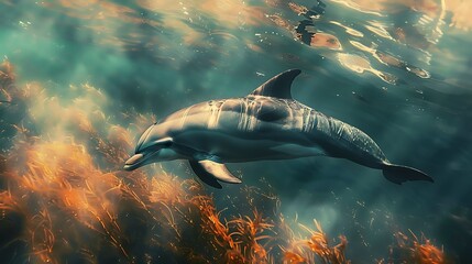 Fototapeta premium Dolphin in the water illustration, Beautiful, summer vibe, beach, ocean, sea, fish, background