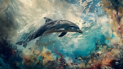 Fototapeta premium Dolphin in the water illustration, Beautiful, summer vibe, beach, ocean, sea, fish, background
