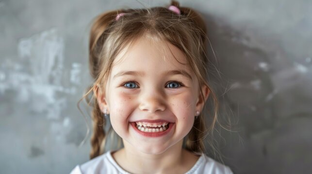 Missing her baby teeth, cute little girl smiles in a gap-toothed grin.