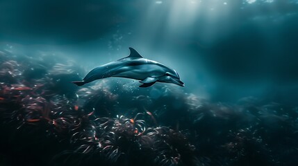 Naklejka premium Dolphin in the water illustration, Beautiful, summer vibe, beach, ocean, sea, fish, background