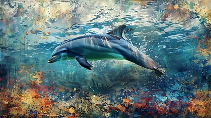 Dolphin in the water illustration, Beautiful, summer vibe, beach, ocean, sea, fish, background