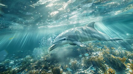Dolphin in the water illustration, Beautiful, summer vibe, beach, ocean, sea, fish, background