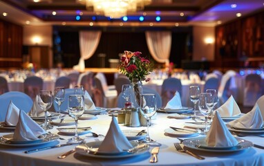 Elegant banquet hall, set tables with ambient lighting and stage.
