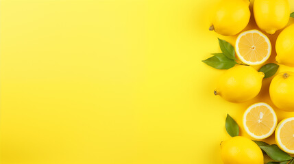 yellow lemon with leaves on right side on yellow background 