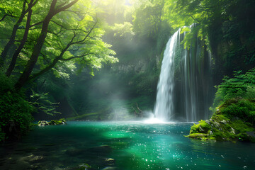 Fototapeta na wymiar Vivid Forest Waterfall: Nature’s Serene Splendor Amidst Lush Greenery