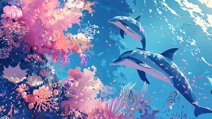 Dolphin in the water illustration, Beautiful, summer vibe, beach, ocean, sea, fish, background