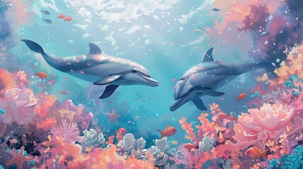 Obraz premium Dolphin in the water illustration, Beautiful, summer vibe, beach, ocean, sea, fish, background