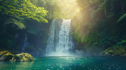 Vivid Forest Waterfall: Nature’s Serene Splendor Amidst Lush Greenery