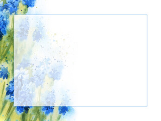 Watercolor horizontal template with spring blue flowers and green leaves, primroses, blue and cyan snowdrops, hyacinths, first flowers after winter white background, for spring, wedding decoration