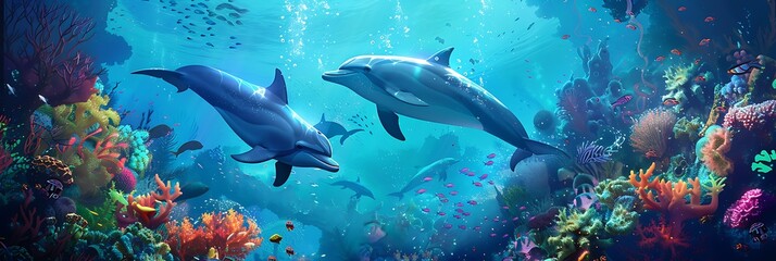 Fototapeta premium Dolphin in the water illustration, Beautiful, summer vibe, beach, ocean, sea, fish, background