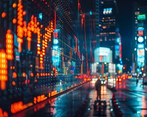 Obraz premium Glittering Nightfall in the Financial Metropolis Neon Lit Skyscrapers and Rain Streaked Cityscape Showcase Dynamic Market Insights
