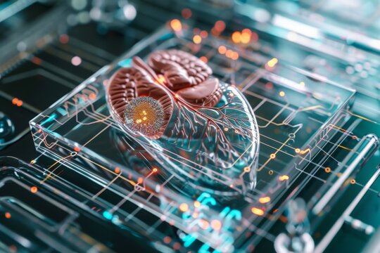 Transparent chip, no larger than a credit card, containing miniature organ replicas with biosensors embedded along the channels
