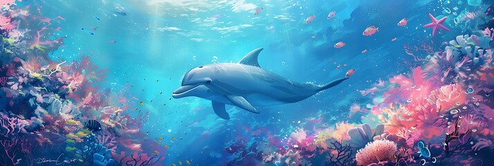 Naklejka premium Dolphin in the water illustration, Beautiful, summer vibe, beach, ocean, sea, fish, background