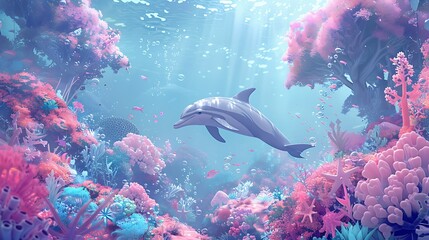 Fototapeta premium Dolphin in the water illustration, Beautiful, summer vibe, beach, ocean, sea, fish, background
