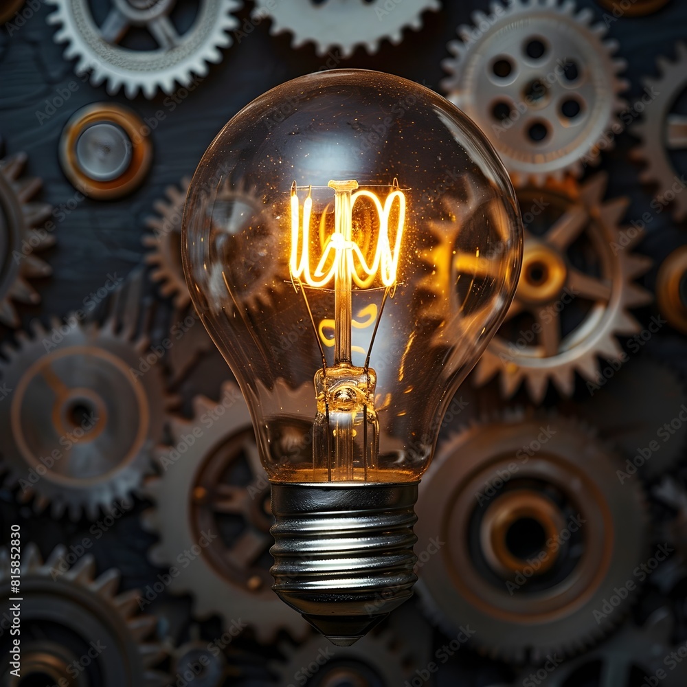 Poster illuminated light bulb surrounded by meshing gears symbolizing the synergy in business processes and