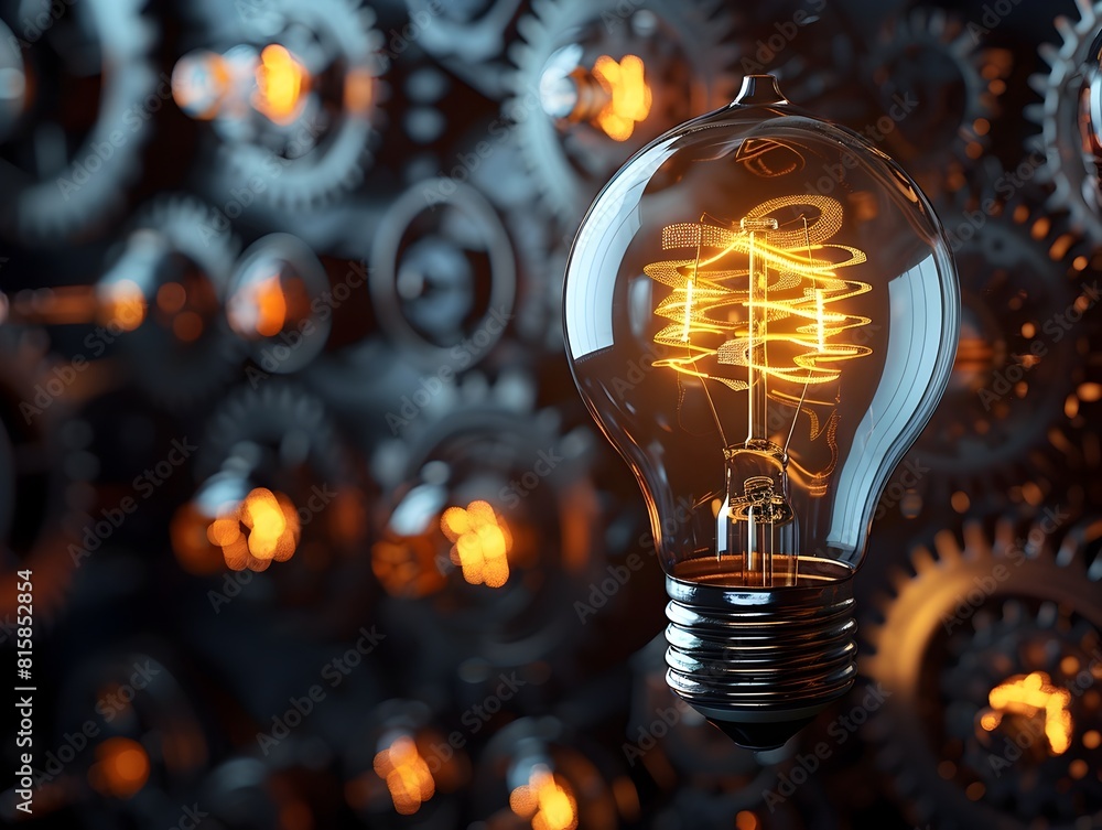 Poster illuminated light bulb with gears representing the inner workings and concepts of business and innov