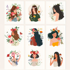 Cards with cute female set vector image