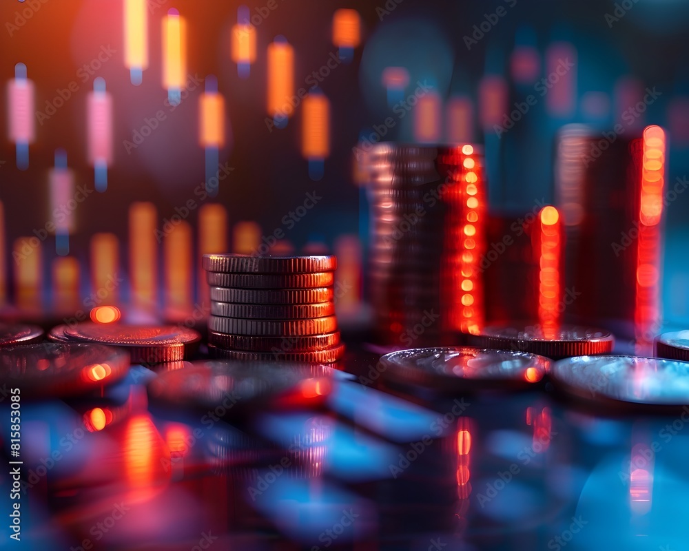 Poster surging financial prowess depicted by gleaming coins and soaring bar graph