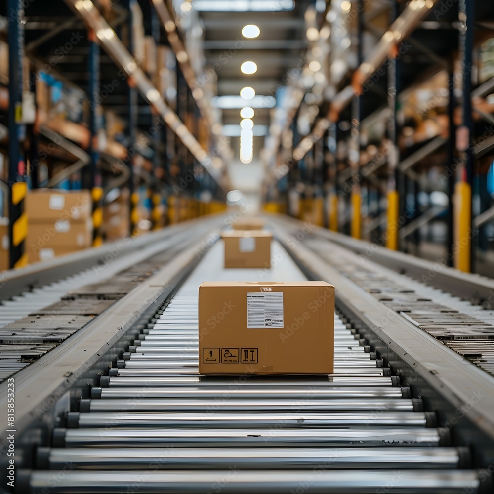 Poster automated conveyor system transporting cardboard boxes in efficient distribution warehouse