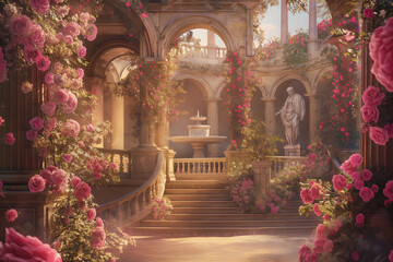 Obraz premium illustration fantasy background wallpaper of beautiful rose flower at ancient palace garden yard