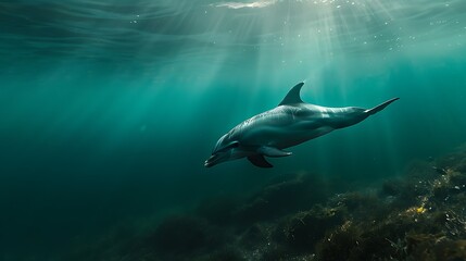Fototapeta premium Dolphin in the water illustration, Beautiful, summer vibe, beach, ocean, sea, fish, background
