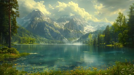 Obraz premium Nature's Symphony: Eiger Mountain, Valley, Lake, and Lush Trees in Breathtaking Harmony