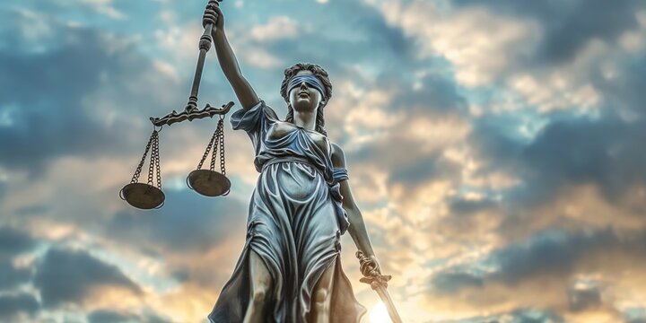 Backlit image of the statue of Lady Justice holding scales with a dramatic sky in the background symbolizing fairness and law