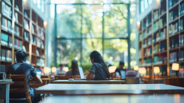 College students studying in a modern library, defocused background