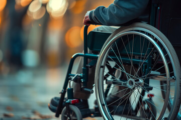 Close-up of the wheel of a wheelchair with copy space