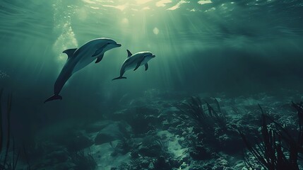 Fototapeta premium Dolphin in the water illustration, Beautiful, summer vibe, beach, ocean, sea, fish, background