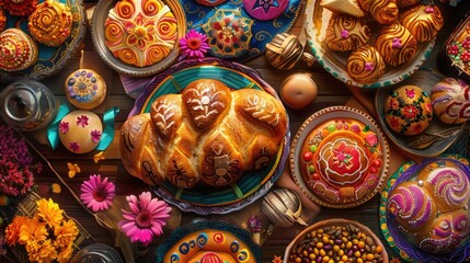 Enjoy Guagua and Colada Morada for the Day of the Dead along with Guagua de Pan and Wawas de Pan Dive into an intricate illustration showcasing the bread of the dead in Bolivia Ecuador and  - Powered by Adobe