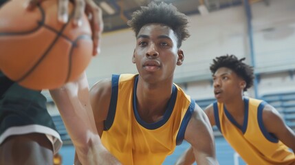 A mixed-race basketball team practices in training.