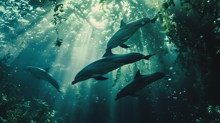 Obraz premium Dolphin in the water illustration, Beautiful, summer vibe, beach, ocean, sea, fish, background