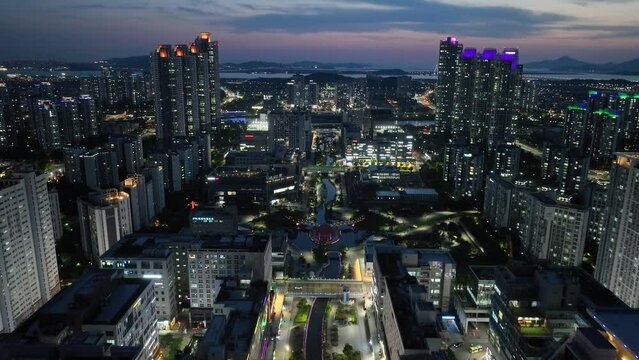 a drone-shot view of a new town at night,Cheongna-dong,Seo-gu, Incheon,Gyeonggi-do,Republic of Korea