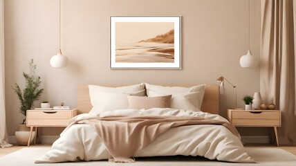 Blank white modern minimalist wall art mockup canvas, against a aesthetic cream color wall background, blank bedroom wall art mockup with cream theme