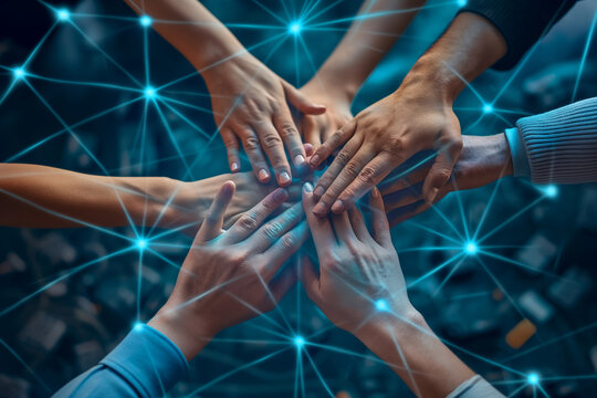 Teamwork and networking concept with hands stacked over a digital network