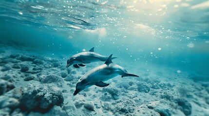 Fototapeta premium Dolphin in the water illustration, Beautiful, summer vibe, beach, ocean, sea, fish, background