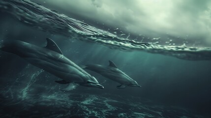 Fototapeta premium Dolphin in the water illustration, Beautiful, summer vibe, beach, ocean, sea, fish, background