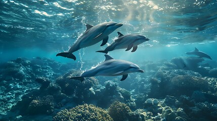 Fototapeta premium Dolphin in the water illustration, Beautiful, summer vibe, beach, ocean, sea, fish, background