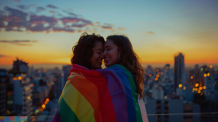 A happy LGBT couple wrapped in a rainbow flag, embracing each other against a cityscape background, celebrating their relationship and identity