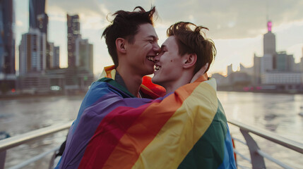 A happy LGBT couple wrapped in a rainbow flag, embracing each other against a cityscape background, celebrating their relationship and identity