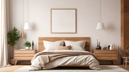 Blank white modern minimalist wall art mockup canvas, against a aesthetic hazelwood color wall background, blank bedroom wall art mockup with hazelwood theme